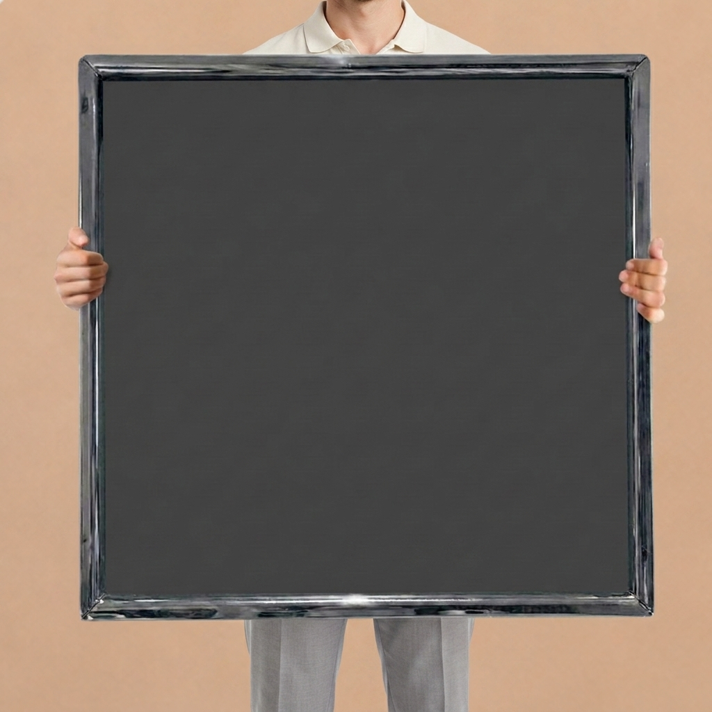 A silk display system shown against a neutral background during comparison with conventional framing