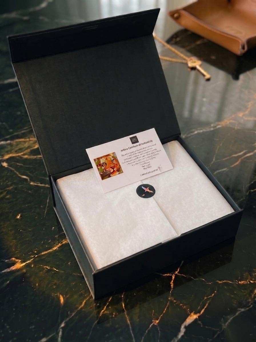 An ArtSoie presentation box representing artist-authored fine art on silk