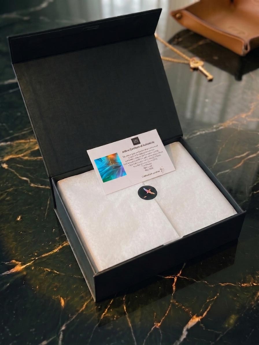 An artist-authored silk edition boxed for display beside other contemporary art