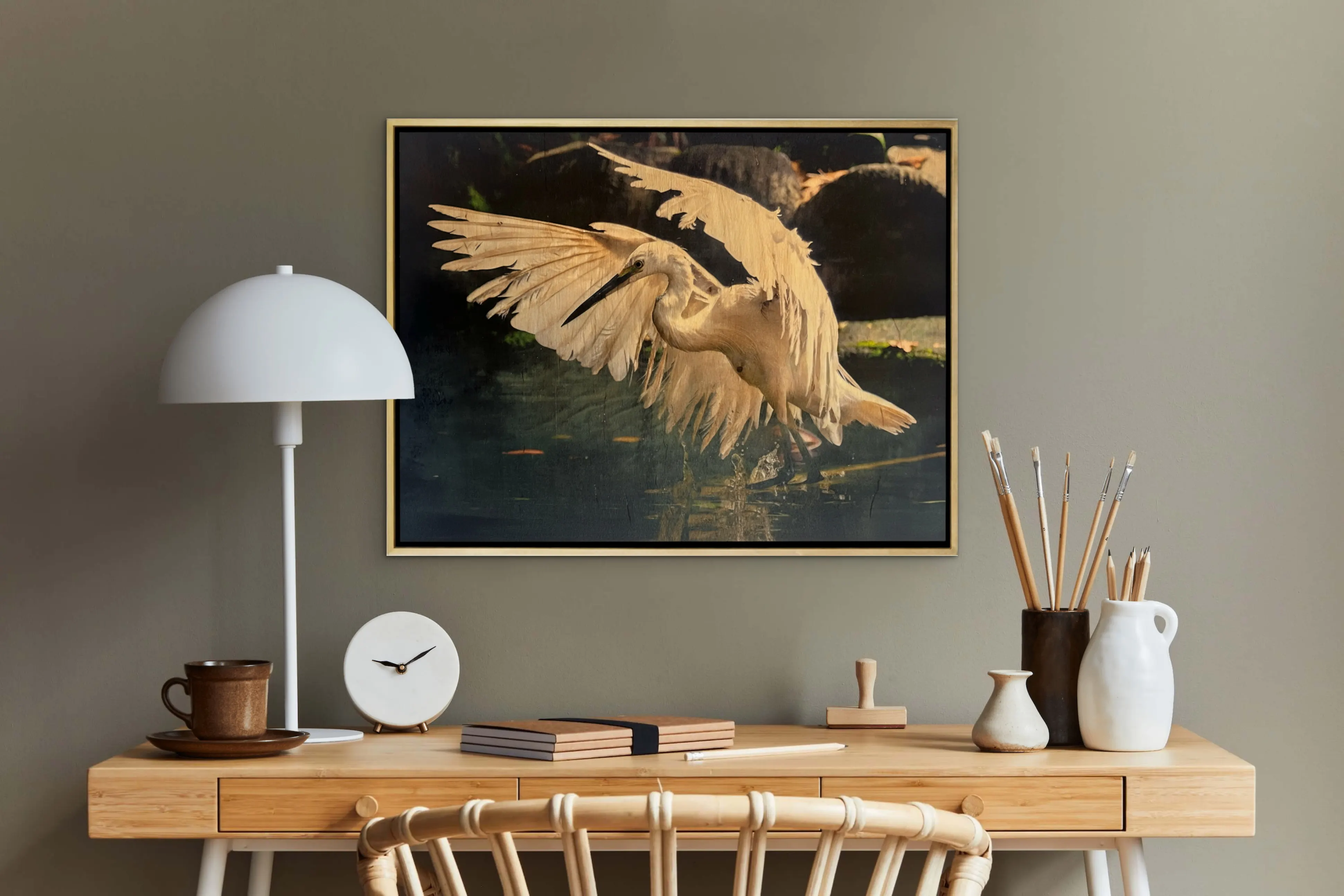 A focused artwork given sufficient space inside a compact refined room