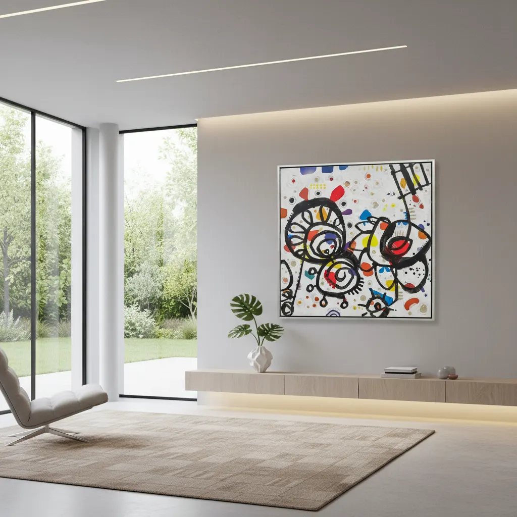 A large artwork tested at scale above furniture in a residential room