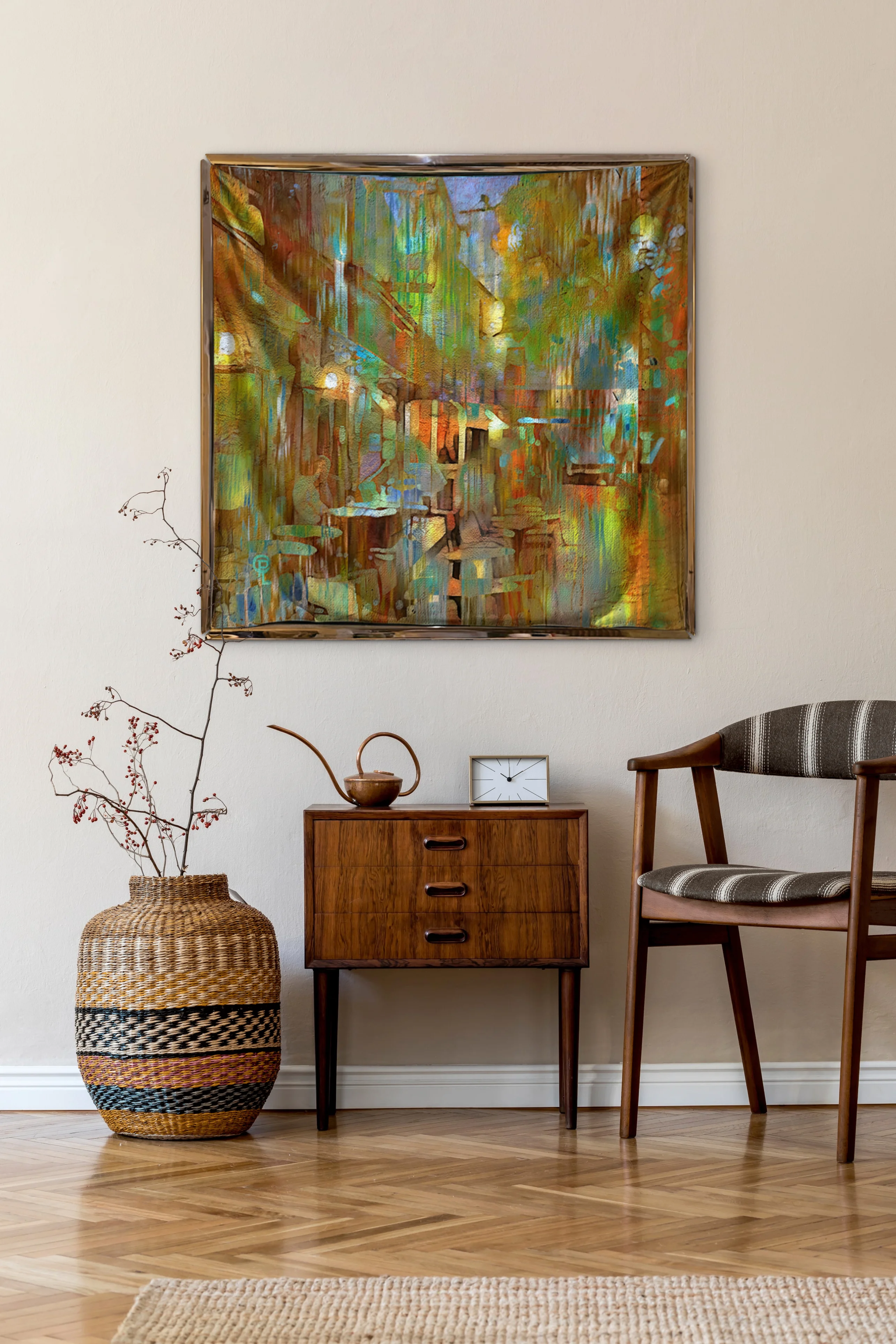 A stainless steel Veatro system installed around a silk artwork